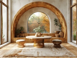 A room with a large window and a wooden archway