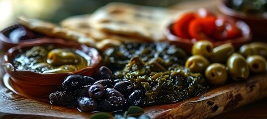 Captivating Culinary Journey: Intimate Exploration of a Vibrant Mediterranean Mezze Platter, Embracing the Essence of the Region's Flavors, Colors, and Cultural Heritage in Every Exquisite Detail - obrazy, fototapety, plakaty