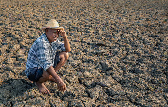 Sad farmer, elderly male farmer in hat sitting on dry land looking hopelessly ahead. Agriculture, drought, global warming