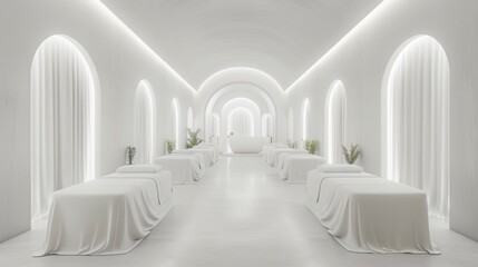 A long, white hallway with white beds and white curtains. The room is very clean and organized