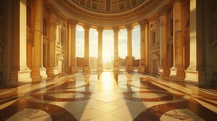 A large, empty room with a sun shining through the windows. The room is decorated with columns and has a very grand and elegant feel to it - Powered by Adobe