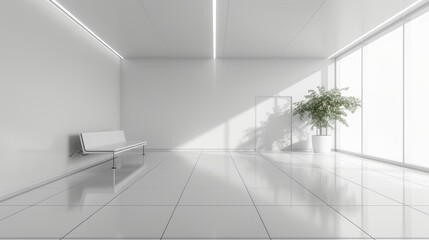 A white room with a white bench and a potted plant. The room is empty and has a minimalist feel