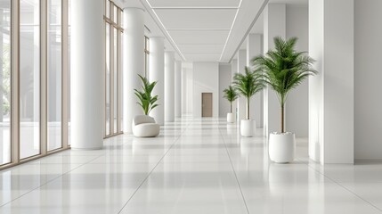 A large, empty room with white walls and white floors. There are two potted plants in the room, one...
