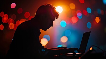 A silhouette of a reporter typing furiously on their laptop illuminated by the bright lights of a live news broadcast. The pressure to deliver a timely and insightful report is evident .