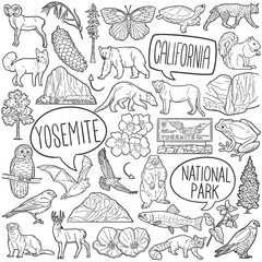 Yosemite Doodle Icons Black and White Line Art. National Park Clipart Hand Drawn Symbol Design.