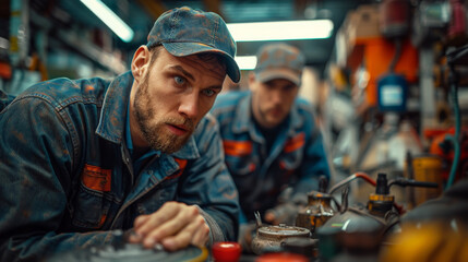 Cropped image of two handsome mechanics in uniform are working in auto service. Car repair and maintenance. Checking the oil level.