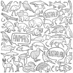 Australian Animals Doodle Icons Black and White Line Art. Australian wildlife Clipart Hand Drawn Symbol Design.