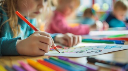 Naklejka premium Children drawing and doing crafts in kindergarten, seen from close up generative ai
