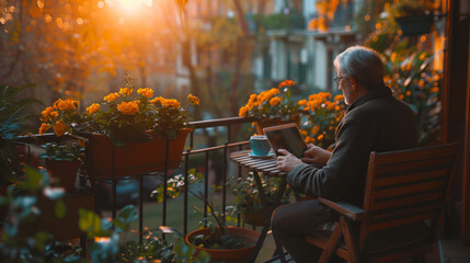 Cropped image young man sitting at the table with cup of coffee, digital tablet and smart phone, man's hands typing message on touch screen tablet while sitting on balcony terrace, flare sun. - Powered by Adobe