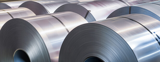Industrial Manufacturing Concept. Rolls of Sheet Metal in a Factory. Steel Industry Concept. Rolled Steel in a Production Plant - obrazy, fototapety, plakaty
