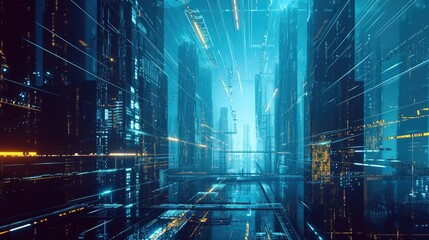 Obraz premium abstract business background with high rise glass buildings at night. defocus, correction of light blue and dark blue colors,business and finance