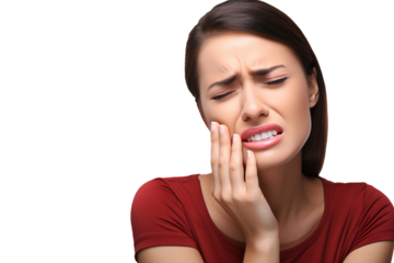 Woman suffering toothache or dental illness on teeth with painful expression, isolated on transparent background