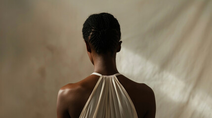 In a minimalist studio setting a black woman stands with her back to the camera her neutraltoned...