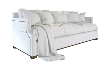 Modern white sofa with cushion and blanket isolated on transparent background