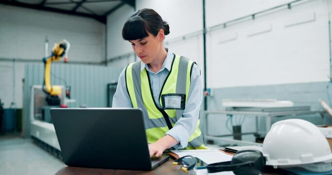 Laptop, engineering and woman construction worker on site for research with maintenance project. Industry, technology and professional female industrial worker work on repairs with computer in office