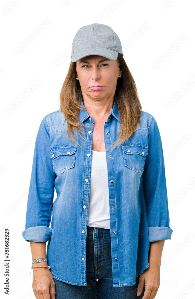 Poster Beautiful middle age woman wearing sport cap over isolated background skeptic and nervous, frowning upset because of problem. Negative person.