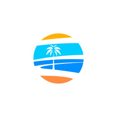ocean coast and palm tropical beach logo vector icon