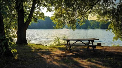 Obraz premium Picnic table by lake shore