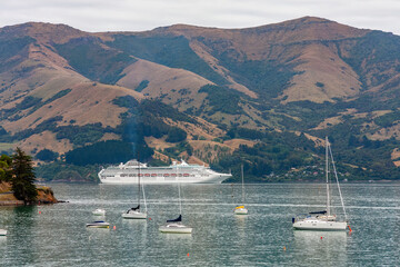 Cruise ship and yachts anchored in Akaroa Bay