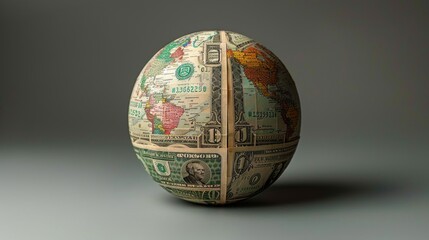 A creative composition of currency notes forming a globe, representing global economics.
