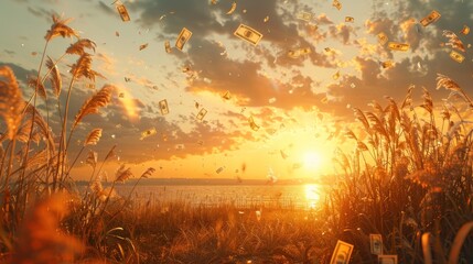 A serene landscape with a golden sunrise and currency notes floating gently in the air.