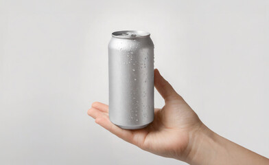 水滴のついたドリンク・アルミ缶と手の平　製品サンプル