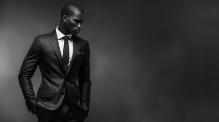 In a sleek allblack suit the Black man exudes an air of professionalism and power. His clean lines and fitted silhouette speak to his attention to detail and ability to lead with precision . - obrazy, fototapety, plakaty