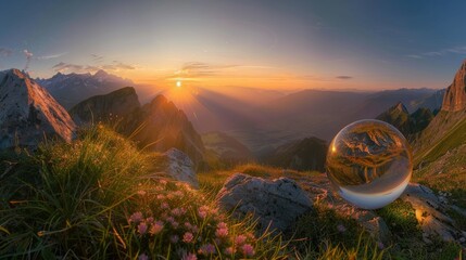 Alpine summer sunrise crystal ball shot in the bush generative ai - obrazy, fototapety, plakaty