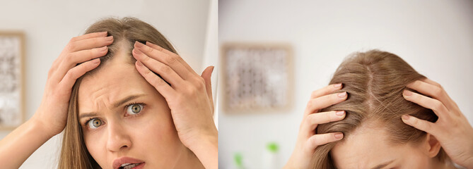 Woman before and after hair treatment with high frequency darsonval device indoors, closeup....