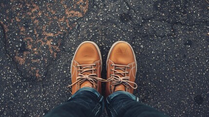 Person in brown footwear standing on urban road with feet raised - obrazy, fototapety, plakaty