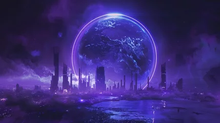 Papier Peint photo Violet  In an epic surrealistic scene, a circular portal structure hovers amidst the vastness of outer space, providing a captivating view of a simple cityscape on Earth.