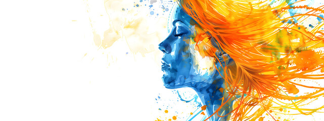 A beautiful woman with her hair in the wind, half profile view, paint splashes and colorful ink strokes on white background