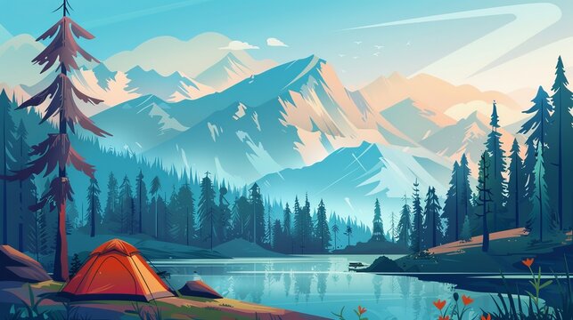 A flat cartoon design portraying the concept of outdoor camping. It includes a scenic mountain view, a dense fir forest, and a tent pitched by a lake or river. 
