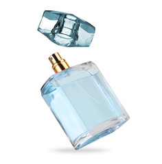 Bottle of perfume in air isolated on white