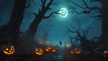 halloween night background with pumpkins and trees - obrazy, fototapety, plakaty