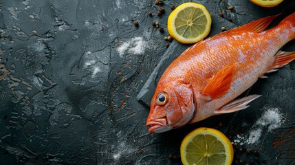 A fish laid out on a table with lemons