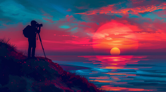 A photographer takes photos of the sunset on the beach