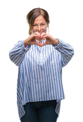 Middle age senior hispanic woman over isolated background smiling in love showing heart symbol and shape with hands. Romantic concept.