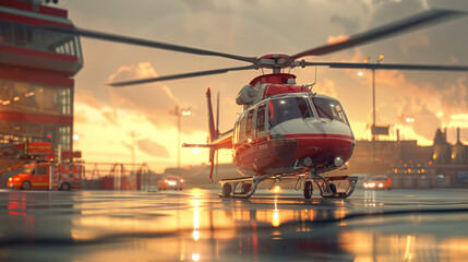 A red and white helicopter is parked on a wet runway - obrazy, fototapety, plakaty