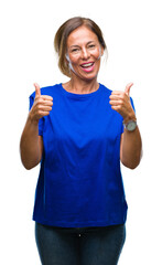 Middle age senior hispanic woman over isolated background success sign doing positive gesture with hand, thumbs up smiling and happy. Looking at the camera with cheerful expression, winner gesture.