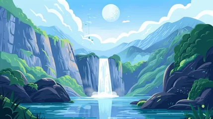 Deurstickers An illustration of a majestic mountain landscape featuring a cascading waterfall, capturing the serene beauty of nature's grandeur. © Azad