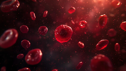 3d red cells with oxygen flowing in blood ,  dark red,Under the microscope, medical field, analysis in laboratories
