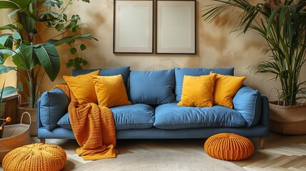 A blue couch with yellow pillows and a yellow blanket on it
