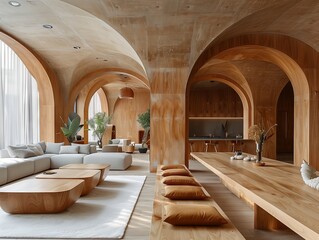 A large, open living room with a wooden ceiling and a wooden dining table