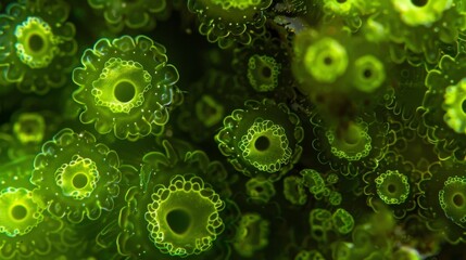 A closeup of a microscopic algae bloom with millions of tiny green cells densely packed together giving off a mesmerizing and otherworldly