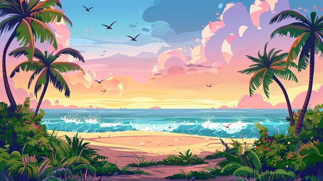 A picturesque sandy beach adorns a summer island nestled in the sea. This seaside landscape is depicted in a vector cartoon illustration, featuring exotic palm trees, dangling lianas