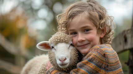 A young girl is hugging a sheep