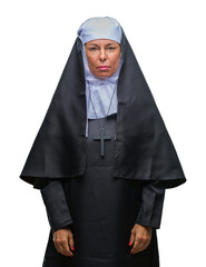 Middle age senior christian catholic nun woman over isolated background with serious expression on face. Simple and natural looking at the camera.
