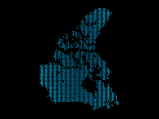 A sketching style of the map Canada, consisting of blue binary code. An abstract image for a geographical design template. Image isolated on black background.