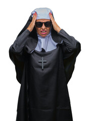 Middle age senior catholic nun woman wearing sunglasses over isolated background suffering from headache desperate and stressed because pain and migraine. Hands on head.
